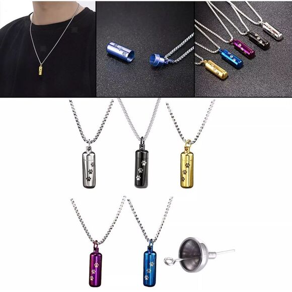 Pet Memorial Cremation Urn Necklace Paw Print Cylinder Pendant Silver Chain, 22" - Picture 4 of 10